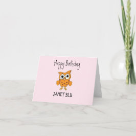 かわいいオレンジ色のフクロウ　ピンクの背景でお誕生日おめでとう カード