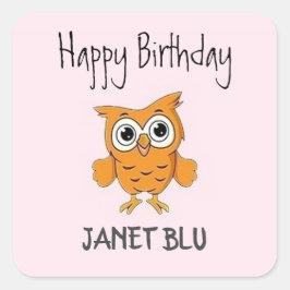 かわいいオレンジ色のフクロウ　ピンクの背景でお誕生日おめでとう スクエアシール