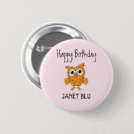 かわいいオレンジ色のフクロウ　ピンクの背景でお誕生日おめでとう 缶バッジ