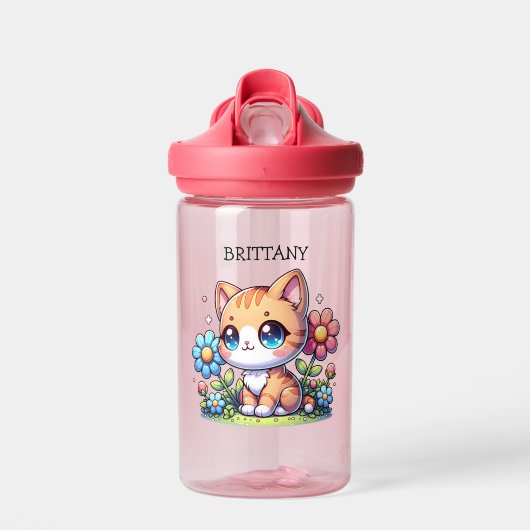 かわいいオレンジ色の子猫の花パーソナライズされた ウォーターボトル (正面)