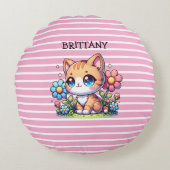 かわいいオレンジ色の子猫の花パーソナライズされた ラウンドクッション (正面)