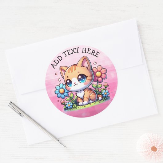 かわいいオレンジ色の子猫の花パーソナライズされた ラウンドシール (封筒)