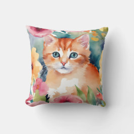 かわいいオレンジ色の子猫の花水彩色 クッション