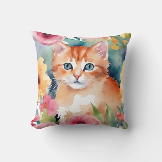 かわいいオレンジ色の子猫の花水彩色 クッション (正面)