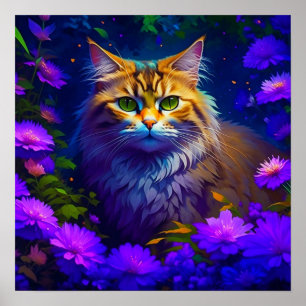 かわいいオレンジ色の子猫の花 ポスター