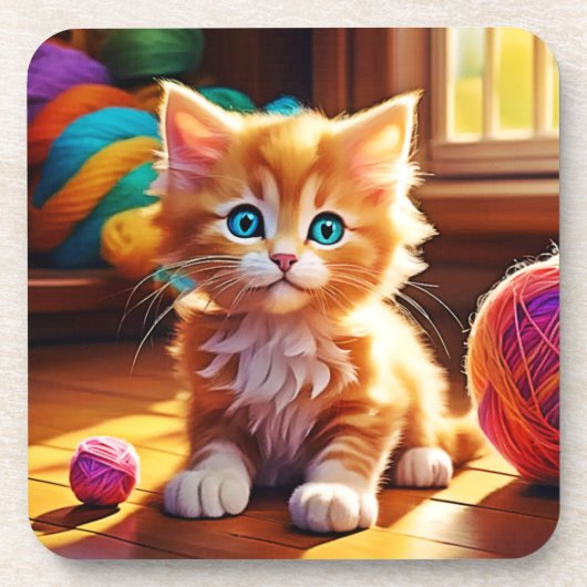 かわいいオレンジ色の子猫アート コースター (正面)