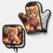 かわいいオレンジ色の子猫アート 鍋つかみ&鍋敷きセット (正面/裏面)