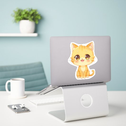 かわいいオレンジ色の子猫 シール (デスク上のノートパソコン)