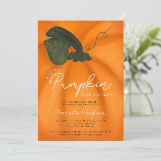 かわいいオレンジ色の小さなかぼちゃ秋ベビーシャワー 招待状 (スタンド正面)