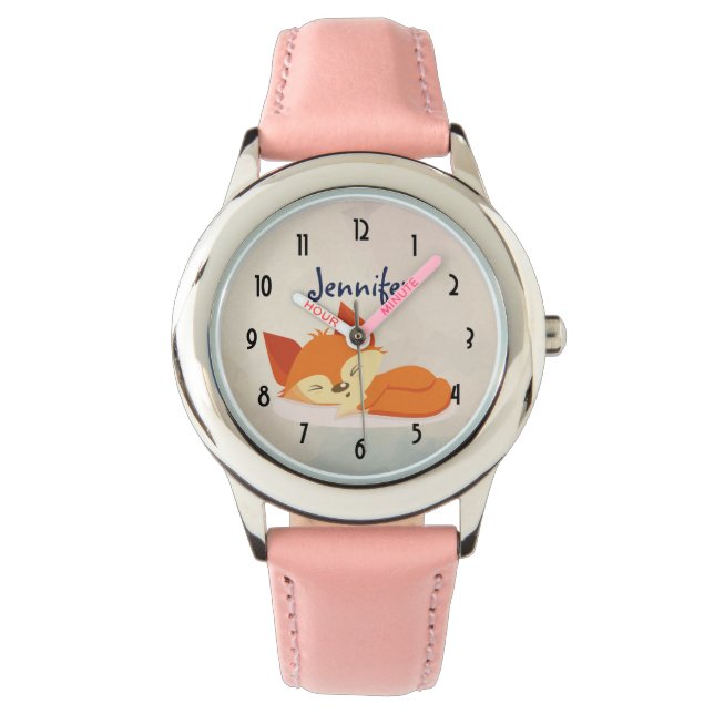 かわいいオレンジ色の漫画スケッチのキツネ眠る 腕時計 (正面)