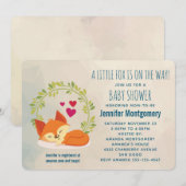 かわいいオレンジ色の狐と緑の花輪のベビーシャワー 招待状 (正面/裏面)