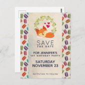 かわいいオレンジ色の狐に花輪 Save the Date ポストカード (正面/裏面)