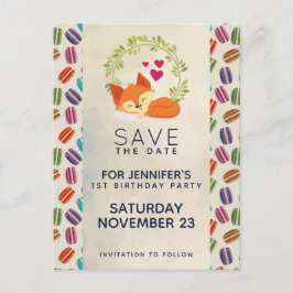 かわいいオレンジ色の狐に花輪 Save the Date ポストカード