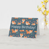 かわいいオレンジ色の狐のパターンお誕生日おめでとう カード (黄色い花)
