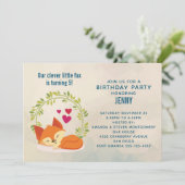 かわいいオレンジ色の狐、赤いハートとリースの誕生日 招待状 (スタンド正面)