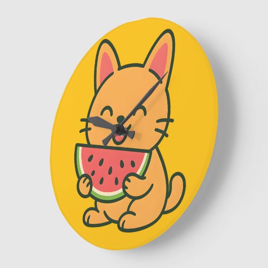 かわいいオレンジ色の猫がワ watermelon を食べる壁掛け時計 ラージ壁時計 (傾斜)