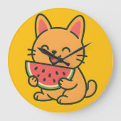 かわいいオレンジ色の猫がワ watermelon を食べる壁掛け時計 ラージ壁時計 (正面)