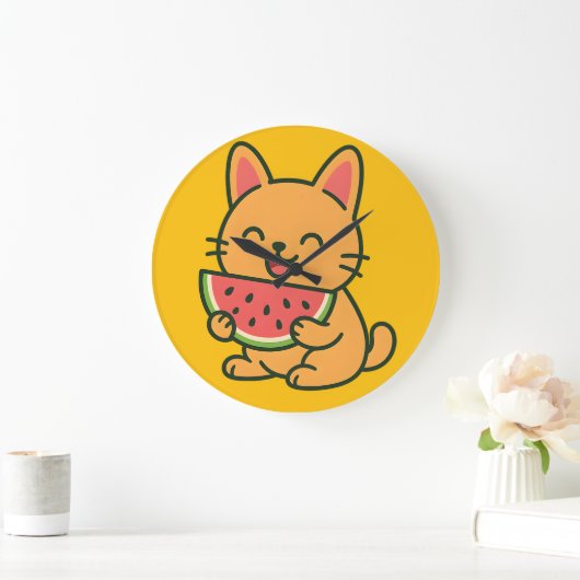 かわいいオレンジ色の猫がワ watermelon を食べる壁掛け時計 ラージ壁時計 (ホーム)