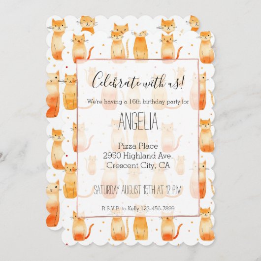 かわいいオレンジ色の猫とドット 招待状 (正面/裏面)