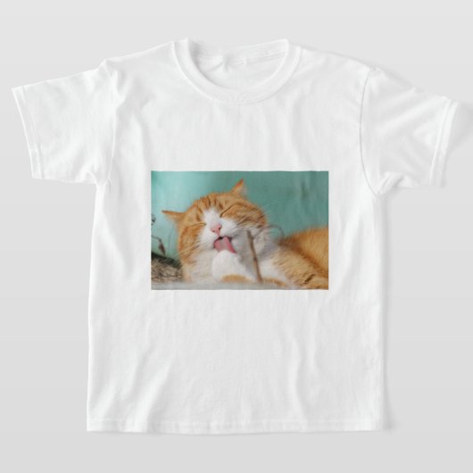 かわいいオレンジ色の猫のグルーミング Tシャツ (レイダウン)