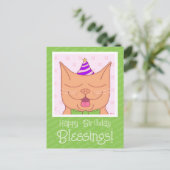 かわいいオレンジ色の猫の誕生日帽子　祝福 ポストカード (スタンド正面)