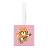 かわいいオレンジ色の白遊猫のギター漫画 キューブオーナメント (正面)