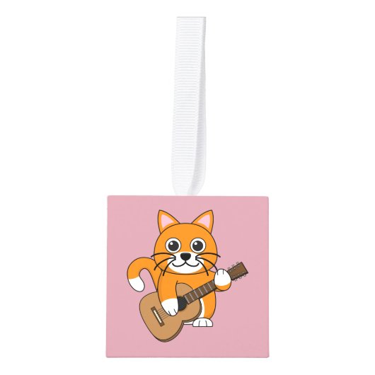 かわいいオレンジ色の白遊猫のギター漫画 キューブオーナメント (正面)
