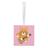 かわいいオレンジ色の白遊猫のギター漫画 キューブオーナメント (右)