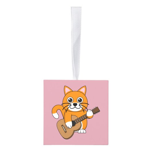 かわいいオレンジ色の白遊猫のギター漫画 キューブオーナメント (右)