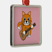 かわいいオレンジ色の白遊猫のギター漫画 メタルオーナメント (右)