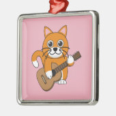 かわいいオレンジ色の白遊猫のギター漫画 メタルオーナメント (左)