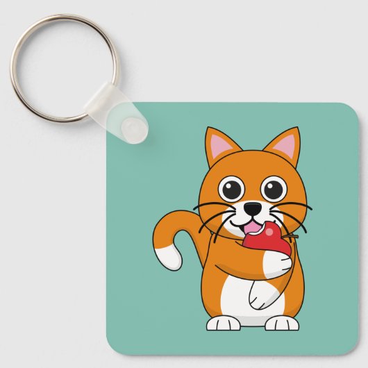 かわいいオレンジ色の白食べ猫の赤りんご漫画 キーホルダー (正面)