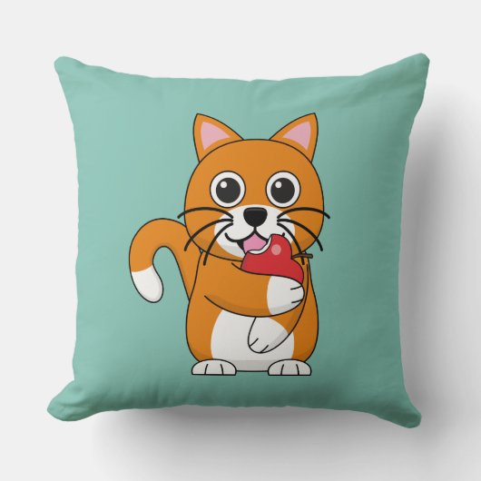 かわいいオレンジ色の白食べ猫の赤りんご漫画 クッション (正面)