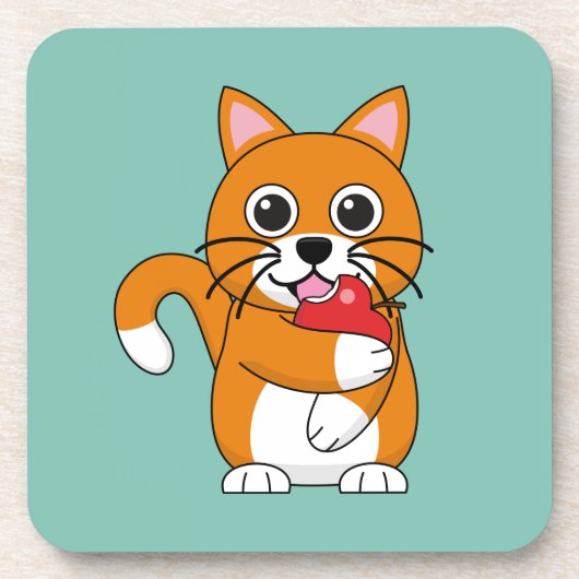 かわいいオレンジ色の白食べ猫の赤りんご漫画 コースター (正面)