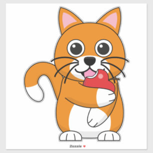かわいいオレンジ色の白食べ猫の赤りんご漫画 シール