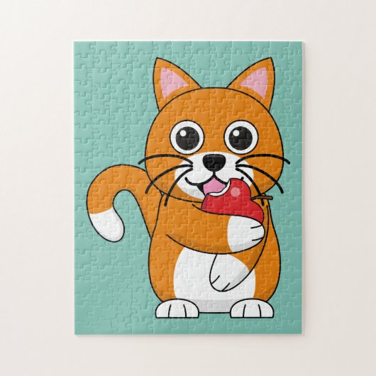 かわいいオレンジ色の白食べ猫の赤りんご漫画 ジグソーパズル (縦)