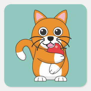 かわいいオレンジ色の白食べ猫の赤りんご漫画 スクエアシール