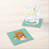 かわいいオレンジ色の白食べ猫の赤りんご漫画 スクエアペーパーコースター (インサイチュ)