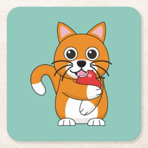 かわいいオレンジ色の白食べ猫の赤りんご漫画 スクエアペーパーコースター