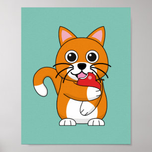 かわいいオレンジ色の白食べ猫の赤りんご漫画 ポスター