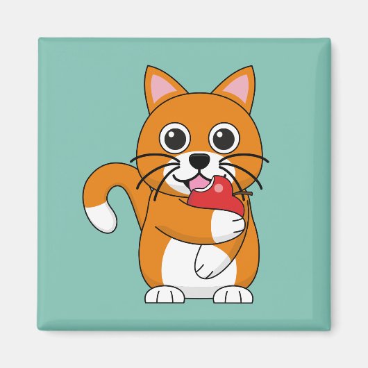 かわいいオレンジ色の白食べ猫の赤りんご漫画 マグネット (正面)