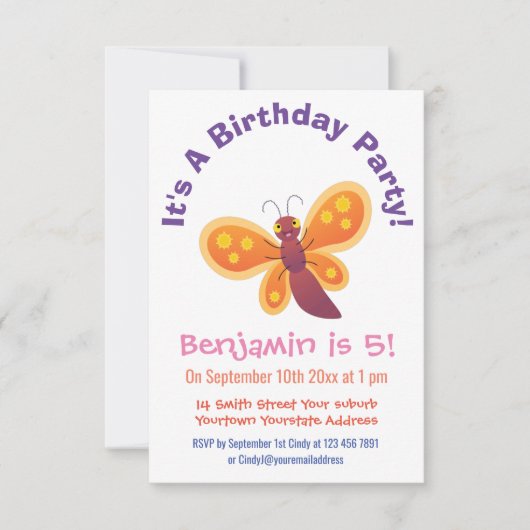 かわいいオレンジ色の蝶の漫画イラスト 招待状 (正面)