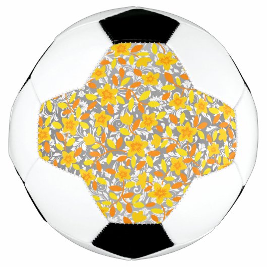 かわいいオレンジ黄色白い花の模様 サッカーボール (正面)