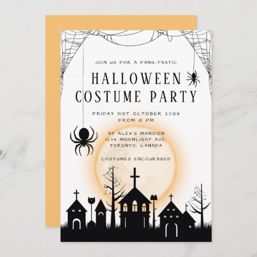かわいいオレンジ＆ブラックの大人のハロウィンパーティー 招待状 (正面/裏面)