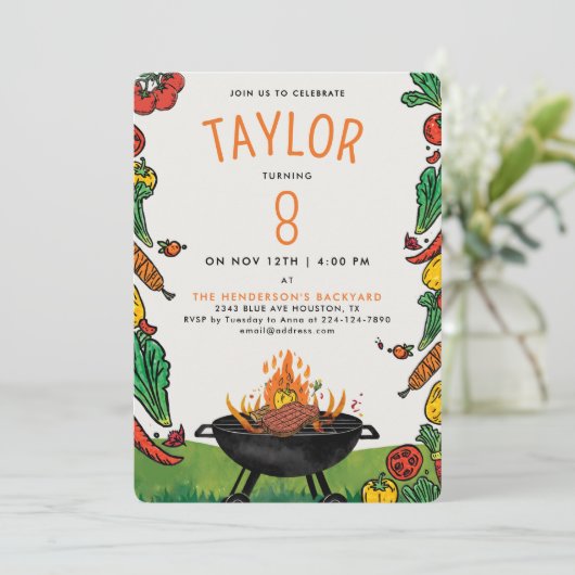 かわいいオレンジBBQバックヤードグリルキッズアウトドアパーティー 招待状 (スタンド正面)