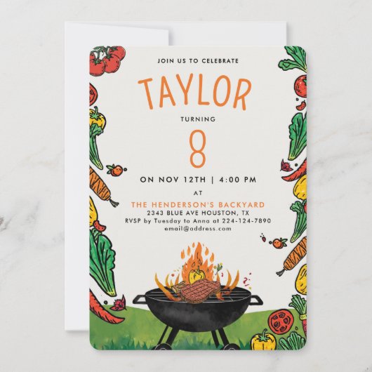 かわいいオレンジBBQバックヤードグリルキッズアウトドアパーティー 招待状 (正面)