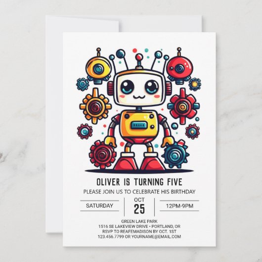 かわいいオンライン メタル ロボット 誕生日 招待状 (正面)