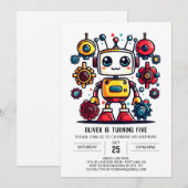 かわいいオンライン メタル ロボット 誕生日 招待状 (正面/裏面)