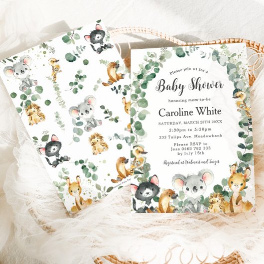 かわいいオーストラリアの動物の緑の赤ちゃんシャワー 招待状