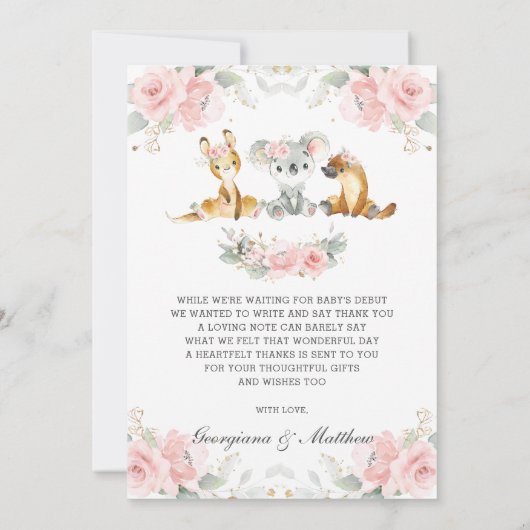 かわいいオーストラリアの動物ピンクのフローラ緑 サンキューカード (裏面)